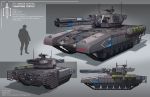  character_name commission english_commentary english_text ground_vehicle highres military military_vehicle motor_vehicle multiple_views no_humans original peyton_gee railgun science_fiction silhouette size_comparison tank 