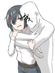 1boy 1girl akts625 androgynous anger_vein angry annoyed aqua_eyes artist_self-insert belt belt_buckle black_hair black_pants blush bright_pupils brown_belt buckle collared_shirt commentary disgust dress_shirt faceless faceless_male flat_chest front-to-back gloom_(expression) hair_between_eyes hands_on_another&#039;s_arms highres hug hug_from_behind kino_(kino_no_tabi) kino_no_tabi long_sleeves pants parted_lips petite romaji_commentary shirt short_hair simple_background tomboy translated trembling v-shaped_eyebrows very_short_hair wavy_mouth white_background white_pupils white_shirt 