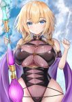  1girl absurdres blonde_hair blue_eyes blush braid breasts commentary commentary_request cosplay covered_navel eyebrows_visible_through_hair fate/grand_order fate_(series) highres jeanne_d&#039;arc_(fate) jeanne_d&#039;arc_(fate)_(all) large_breasts looking_at_viewer murasaki_shikibu_(fate) murasaki_shikibu_(fate)_(cosplay) murasaki_shikibu_(swimsuit_rider)_(fate) nuts_(hazel-nuts) parted_lips solo swimsuit twin_braids upper_body 