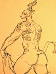  2020 antelope anthro beastars bodily_fluids bovid butt clothing drooling felid fur gazelle horn hybrid leopard licking licking_lips looking_at_viewer male mammal melon_(beastars) muscular pantherine rear_view saliva seductive solo tattoo tongue tongue_out traditional_media_(artwork) undressing wuffinarts 