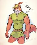  anthro belt canid canine canis clothed clothing disney fox fur hat headgear headwear hi_res imperiumlupi male mammal muscular muscular_anthro robin_hood robin_hood_(disney) simple_background solo 