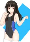  1girl absurdres bangs black_hair black_swimsuit blue_background blunt_bangs brown_eyes commentary_request competition_swimsuit cowboy_shot hatsuyuki_(kantai_collection) highres kantai_collection long_hair looking_at_viewer nitamago_(sakamalh) one-piece_swimsuit solo swimsuit thighhighs two-tone_background two-tone_swimsuit white_background white_legwear 