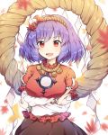  1girl :d absurdres arms_under_breasts autumn_leaves bangs black_skirt blurry blurry_background blurry_foreground breasts caramell0501 depth_of_field eyebrows_visible_through_hair hair_ornament highres leaf_hair_ornament long_sleeves looking_at_viewer medium_breasts onbashira open_mouth pleated_skirt purple_eyes red_eyes red_shirt rope shimenawa shirt short_over_long_sleeves short_sleeves simple_background skirt smile solo touhou white_background yasaka_kanako 