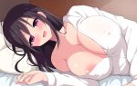  1girl aikometsu areola_slip areolae bangs bed_sheet black_hair blush breasts cleavage covered_nipples highres large_breasts long_hair looking_at_viewer lying off_shoulder on_side open_mouth original pillow purple_eyes shirt smile solo white_shirt 