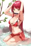  1girl absurdres armpits arms_up bangs bikini breasts cleavage collarbone eyebrows_visible_through_hair green_eyes haneramu highres holding holding_knife kneeling knife knife_in_mouth large_breasts long_hair looking_at_viewer mouth_hold original red_bikini red_hair sarong shiny shiny_hair sideboob solo straight_hair swimsuit tying_hair underboob very_long_hair water white_background 