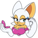 anthro bat big_breasts black_nose breasts brush cleavage clothed clothing eyelashes female green_eyes hair half-closed_eyes hi_res holding_brush holding_mirror holding_object hyoumaru looking_at_viewer makeup_brush mammal mirror narrowed_eyes rouge_the_bat sega solo sonic_the_hedgehog_(series) white_hair
