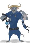  absurd_res anthro belt bovid bovine cape_buffalo chief_bogo chu_twst clothed clothing disney fully_clothed fur grey_body grey_fur group hi_res horn judy_hopps lagomorph leporid mammal open_mouth open_smile oswald_the_lucky_rabbit police_uniform rabbit simple_background smile standing uniform white_background zootopia 