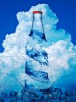  blue_sky blue_theme bottle bottle_cap cloud cloudy_sky commentary_request day hoshiumisora ice ice_cube no_humans original outdoors scenery sky splashing surreal water 