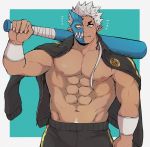  1boy abs bara chest dark_skin dark_skinned_male fang half_mask highres horns jacket male_focus muscle navel nipples open_clothes pectorals shirtless short_hair shuten_douji_(tokyo_houkago_summoners) single_horn tokyo_houkago_summoners track_jacket track_suit upper_body white_hair xxx_hana03 