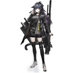  1girl animal_ears arknights black_thighhighs cat_ears cat_girl cat_tail full_body green_eyes gun headset id_card jessica_(arknights) jessica_the_liberated_(arknights) knee_pads long_hair long_sleeves looking_at_viewer m9nokuro official_alternate_costume official_art over-kneehighs purple_hair rifle shield simple_background single_knee_pad solo standing tachi-e tail thighhighs third-party_source transparent_background very_long_hair weapon 