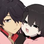  1boy 1girl :/ :3 :d araragi_koyomi arm_around_neck black_eyes black_hair black_jacket bob_cut cheek-to-cheek close-up closed_mouth commentary empty_eyes expressionless gakuran hair_between_eyes hair_over_one_eye heads_together heart highres hug jacket long_sleeves looking_at_viewer mandarin_collar monogatari_(series) naoetsu_high_school_uniform narrowed_eyes open_mouth oshino_ougi pale_skin pink_shirt portrait puffy_sleeves red_trim romaji_commentary school_uniform shirt short_hair simple_background smile sweatdrop swept_bangs tsugumi_(tgm_615486) white_background 