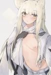  1girl animal_ears arknights black_gloves blonde_hair blush breasts commentary cowboy_shot elbow_gloves eyebrows_visible_through_hair gloves grey_background groin highres horse_ears lifted_by_self long_hair looking_at_viewer medium_breasts midriff mikojin navel nipples one_breast_out open_clothes open_shirt platinum_(arknights) pubic_hair shirt shirt_lift shorts simple_background solo straight_hair sweat sweatdrop white_shirt white_shorts yellow_eyes 