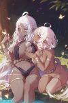  2girls ahoge black_nails breasts bug butterfly cleavage closed_mouth dark-skinned_female dark_elf dark_skin day dipping elf eyeshadow forest grey_eyes hair_between_eyes hand_on_another&#039;s_chest large_breasts makeup mitsu_(mitsu_art) multiple_girls nature navel original outdoors patreon_username pink_nails pointy_ears pond purple_eyeshadow seiza shadow single_thighhigh sitting smile thigh_strap thighhighs tree water wet white_hair yuri 