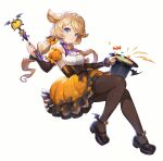  1girl ahoge animal_ears artist_request bat_wings black_bow black_hat black_pantyhose black_ribbon black_shoes black_skirt black_sleeves black_trim blonde_hair blouse blue_eyes blue_gemstone bow bow_skirt breasts candy commentary_request detached_sleeves english_commentary food footwear_bow frilled_shirt frills full_body gem hair_ribbon halloween halloween_costume hat heart-shaped_gem high-waist_skirt highres holding holding_unworn_clothes holding_unworn_hat holding_wand king&#039;s_raid korean_commentary layered_skirt layered_sleeves long_hair long_sleeves magic mary_janes medium_breasts miniskirt mixed-language_commentary official_alternate_costume official_art orange_bow orange_ribbon orange_skirt orange_sleeves pantyhose petticoat puffy_short_sleeves puffy_sleeves pumpkin_ornament purple_bow purple_trim ribbon ribbon-trimmed_skirt ribbon_trim rodina_(king&#039;s_raid) second-party_source shirt shoes short_sleeves simple_background skirt smile solo striped_clothes striped_skirt top_hat twintails unworn_hat unworn_headwear vertical-striped_clothes vertical-striped_skirt wand white_background white_shirt winged_shoes wings yellow_gemstone 