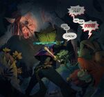 action_pose ambiguous_gender ambiguous_species anthro arnis belt black_hair blindfold blood blood_on_clothing bodily_fluids bottomwear brown_body brown_fur canid canine cheek_tuft clothing coat denim denim_bottomwear denim_clothing detailed_background dialogue digital_drawing_(artwork) digital_media_(artwork) ear_piercing eyewear facial_tuft felid feline female feral footwear fur glasses grey_body grey_fur group hair holding_object holding_weapon jeans jersey lagomorph leporid long_sleeves long_tail macro mammal markings paddy_(ruffu) pants pepper_(ruffu) piercing pointy_ears pose rabbit ruffu scarf sharp_teeth shirt size_difference skirt snout socks speech_bubble spots spotted_markings stirrup_socks tail teeth text tied_ears topwear torn_clothing trio tuft unnamed_character weapon wearing_glasses yellow_body