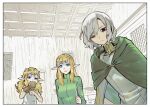  1boy 2girls bags_under_eyes black_eyes blonde_hair blue_eyes cloak dungeon_meshi elf fleki gapamopa gloves gorget green_cloak green_shirt grey_hair hood hooded_cloak indoors lazy_eye long_hair long_sleeves looking_at_viewer mithrun multiple_girls notched_ear open_mouth pattadol pointy_ears purple_eyes shirt short_hair single_glove sweatdrop tunic turn_pale uneven_eyes wavy_hair window 
