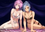  2girls black_bra black_panties blue_hair borrowed_character bra braid breasts character_request checkered checkered_floor cleavage closed_mouth collarbone garter_belt grin highres jewelry leaning_forward long_hair looking_at_viewer medium_breasts multiple_girls multiple_panties nagi-kaze navel necklace original panties pink_hair ponytail purple_eyes shiny shiny_hair short_hair smile thigh_strap thighhighs tied_hair underwear underwear_only white_bra white_legwear white_panties yellow_eyes 