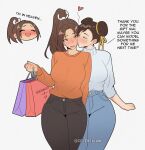  artist_name blush breasts celebelian chun-li couple fatal_fury full_body kiss kissing_cheek large_breasts long_hair pants shiranui_mai shirt short_hair simple_background smile thighs twitter_username white_background yuri 