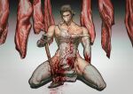  1boy apron axe bandaid bandaid_on_arm blood blood_on_chest blood_on_clothes blood_on_face blood_splatter brown_hair commentary elbow_gloves full_body gloves hair_bun hair_slicked_back hc_tgh7 highres holding holding_axe looking_at_viewer male_focus mask mouth_mask muscular muscular_male narrowed_eyes original painterly pectorals pelvic_curtain raw_meat seiza sitting solo symbol-only_commentary thighhighs white_apron white_gloves white_thighhighs 