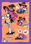  &gt;_&lt; 1girl 2023 bag black_bow black_dress black_hat black_shoes border bow cake candy cauldron checkerboard_cookie clenched_teeth closed_eyes commentary cookie creature cupcake dress food full_body hair_bow hat hat_ornament heart highres holding holding_candy holding_food holding_lollipop jack-o&#039;-lantern lollipop long_hair lying mage_staff multiple_views mushroom nagino_nichiko on_back open_mouth orange_background original pillow pink_hair pudding purple_border red_eyes romaji_text shoes short_sleeves shoulder_bag socks sparkle speech_bubble staff stirring stitched_face stitched_leg stitches striped_clothes striped_dress swirl_lollipop symbol-only_commentary tearing_up teeth thought_bubble twintails under_covers white_socks witch_hat wrapped_candy 