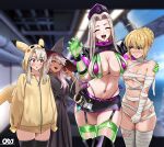  4girls absurdres ahoge artoria_pendragon_(fate) bandages bare_shoulders belt bikini black_boots black_dress black_hat black_skirt blonde_hair blush boots braid breasts chloe_von_einzbern cleavage closed_eyes cosplay dark-skinned_female dark_skin dress elbow_gloves fate/grand_order fate_(series) florence_nightingale_(fate) florence_nightingale_(trick_or_treatment)_(fate) florence_nightingale_(trick_or_treatment)_(fate)_(cosplay) garrison_cap gloves green_bikini green_eyes green_gloves green_thighhighs hair_bun hat highres hood hoodie illyasviel_von_einzbern irisviel_von_einzbern large_breasts layered_bikini long_hair long_sleeves looking_at_viewer looking_to_the_side medium_breasts miniskirt multiple_girls mummy_costume naked_bandage navel oldmanjenkins84 open_mouth orange_eyes parted_bangs pikachu pikachu_(cosplay) pikachu_hood pikachu_tail pink_hair pokemon pokemon_tail purple_belt purple_bikini red_eyes revealing_clothes saber_(fate) short_sleeves shrug_(clothing) sidelocks skirt small_breasts smile swimsuit tail thigh_boots thighhighs thighhighs_under_boots thighs white_hair witch_hat yellow_hoodie 