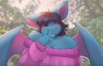 absurd_res anthro ardail bat_wings big_ears black_hair blue_body blue_fur blush choker clothed clothed_anthro clothing cute_fangs eyeless fangs female fur generation_1_pokemon hair heart_symbol hi_res jewelry membrane_(anatomy) membranous_wings necklace nintendo overweight overweight_anthro overweight_female pokemon pokemon_(species) purple_clothing purple_sweater purple_topwear short_hair shoulderless_sweater smile solo sweater teeth topwear wings zubat