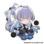  1girl bead_bracelet beads blue_hair blunt_bangs blush bracelet breasts bridal_gauntlets chibi closed_eyes commentary earrings english_commentary floating_hair goddess_of_victory:_nikke gradient_hair grey_hair hair_intakes halo highres indian_style japanese_clothes jewelry long_hair mechanical_arms medium_breasts mole mole_on_breast multicolored_hair nayuta_(nikke) no_nose official_art parted_lips shell shell_earrings sideboob single_mechanical_arm sitting solo torn_clothes totatokeke very_long_hair 