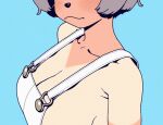  1girl alternate_costume animal_nose armpit_crease blue_background blush breasts cleavage closed_mouth commentary_request facing_to_the_side facing_viewer from_side grey_hair head_out_of_frame large_breasts magari_(c0rn3r) mode_aim no_bra no_shirt overalls ponpoko_(vtuber) short_hair sideboob simple_background solo sunburn tan tanlines upper_body virtual_youtuber white_overalls 