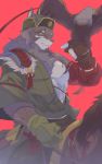  10:16 anthro canid canine canis clothed clothing fur hachi_duchi hi_res male mammal muscular muscular_anthro pecs simple_background tattoo temujin tokyo_afterschool_summoners video_games white_body white_fur wolf 