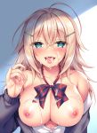  1girl ahoge aqua_eyes bangs blonde_hair blush breasts cardigan cum cum_in_mouth cum_on_body cum_on_breasts cum_on_tongue cum_on_upper_body eyebrows_visible_through_hair facial hair_ornament hairclip handjob_gesture hetero highres large_breasts long_hair long_sleeves looking_at_viewer nipples no_bra open_clothes open_mouth open_shirt original school_uniform smile solo sorai_shin&#039;ya 