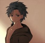  1boy blue_eyes blue_hair brown_background camus_(dq11) closed_mouth dragon_quest dragon_quest_xi earrings from_side hood hood_down hooded_jacket jacket jewelry looking_away mahoshiki male_focus open_clothes sideways_glance solo upper_body 