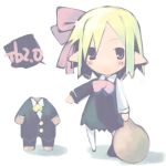  1boy 1girl archived_source arm_at_side asami_natsuhito black_dress black_pants black_suit blonde_hair boots bow bowtie buttons closed_mouth commentary_request disembodied_head doll dress dress_shirt footwear_bow full_body gold_buttons hair_between_eyes harada_takehito_(style) headless headless_doll holding_detached_head legs_apart long_sleeves looking_at_viewer lowres medium_hair mr._smith no_sclera original pale_color pants pointy_ears presenting red_bow red_bowtie red_eyes shadow shirt short_dress shorts sidelocks simple_background sleeve_cuffs sleeves_past_wrists solid_eyes sophy speech_bubble spiked_hair standing suit thigh_boots undershirt white_background white_boots white_shirt white_shorts white_sleeves wing_collar yellow_bow yellow_bowtie 