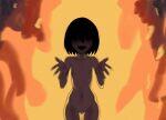  1girl :d backlighting black_eyes black_hair black_mouth bob_cut breasts collarbone commentary completely_nude cowboy_shot empty_eyes female_pubic_hair fire hair_between_eyes halloween hashtag-only_commentary highres horror_(theme) long_bangs loose_hair_strand monogatari_(series) narrowed_eyes navel nipples nude open_mouth oshino_ougi petite pubic_hair reaching reaching_towards_viewer shaded_face short_hair small_breasts smile solo spread_fingers standing thigh_gap veko_draw_friendo 
