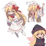  2girls :3 :t black_capelet black_dress black_hat blonde_hair blue_eyes blush bow capelet commentary dress dual_persona fairy fairy_wings haru_desu_yo hat hat_bow highres korean_commentary korean_text lily_black lily_white long_hair magg_(user_mtca8588) multiple_girls multiple_views pout puff_of_air red_bow red_eyes shoes simple_background squeans straight_hair stretching touhou translated very_long_hair wavy_mouth white_background white_capelet white_dress white_hat white_shoes wings yawning 