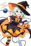  +++ 1girl absurdres alternate_costume bandaged_arm bandaged_leg bandages basket black_cape black_dress black_gloves black_hat bow bowtie cape commentary_request dress english_text eyeball fang gloves green_eyes green_hair halloween halloween_costume hat highres holding holding_basket jack-o&#039;-lantern komeiji_koishi long_hair looking_at_viewer open_mouth orange_bow orange_bowtie orange_cape pioartstuff simple_background skin_fang smile solo third_eye touhou trick_or_treat two-sided_cape two-sided_fabric white_background witch_hat 