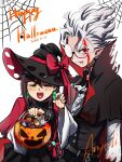  1boy 1girl acrobatic_silky_(dandadan) anyuli ascot ayase_momo basket black_cape black_hat black_vest blood blood_on_face bow brown_hair candy cape chiquitita claw_pose closed_eyes closed_mouth commentary crossed_bangs dandadan dated dress earrings facial_mark facing_viewer fang food glasses glint halloween halloween_bucket halloween_costume happy_halloween hat hat_bow heart heart_in_mouth height_difference highres holding holding_basket jewelry looking_at_viewer open_mouth pointy_ears pumpkin red_dress red_eyes round_eyewear serpo_(dandadan) shirt short_hair signature silk simple_background skin_fang spider_web takakura_ken_(dandadan) takakura_ken_(transformed)_(dandadan) turbo_granny_(dandadan) upper_body vampire vampire_costume vest white_ascot white_background white_hair white_shirt wide_sleeves witch witch_hat 