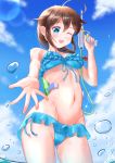  1girl ahoge aomi_one bikini blue_bikini blue_eyes blue_sky braid brown_hair cloud commentary_request cowboy_shot day frilled_bikini frills from_below hair_flaps hair_ornament hair_over_shoulder highres kantai_collection long_hair looking_at_viewer outdoors remodel_(kantai_collection) shigure_(kantai_collection) single_braid sky smile solo standing swimsuit water_gun 