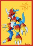  anthro armor black_sclera blue_body claws crest_of_courage digimon digimon_(species) digimon_crest flamedramon hi_res horn koneko_(artist) male reptile scalie sharp_teeth simple_background smile solo symbol teeth toe_claws white_body yellow_background 