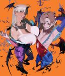 2girls absurdres ahoge animal_print bat_(animal) bat_print breasts character_request commentary cosplay darkstalkers english_commentary head_wings heart heart_ahoge highres hintobento leotard lilith_(darkstalkers) lilith_(darkstalkers)_(cosplay) long_hair mixed-language_commentary mole mole_under_mouth morrigan_aensland morrigan_aensland_(cosplay) multiple_girls orange_background pantyhose print_pantyhose red_leotard short_hair tan tanlines wings 