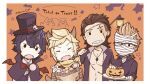  4boys animal_ears animal_hands bandaged_head bandages bandana bare_pectorals basket bat_wings black_capelet black_eyes black_gloves black_hair black_hat black_shirt blonde_hair bow bowtie brown_hair candy capelet claws closed_eyes collared_shirt commentary_request fangs final_fantasy final_fantasy_xv food gladiolus_amicitia glasses gloves hair_slicked_back halloween halloween_costume hand_up hands_up hat holding holding_basket holding_candy holding_food holding_lollipop holding_plate ignis_scientia jack-o&#039;-lantern jewelry kemonomimi_mode light_blush lollipop male_focus multiple_boys nami_ff15ty necklace noctis_lucis_caelum open_clothes open_mouth open_shirt orange_background pectorals plate polka_dot polka_dot_background prompto_argentum red_bow red_bowtie red_wings scar scar_on_chest scar_on_face shirt signature skull_ornament smile spiked_hair star_(symbol) tail top_hat trick_or_treat upper_body white_shirt wings wolf_boy wolf_ears wolf_tail yellow_bandana 