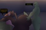 alien alien_humanoid alley anthro avian balls big_balls big_butt big_penis bird black_body breasts butt butt_grab dialogue dreadlocks duo female genitals green_body green_eyes hand_on_butt hi_res huge_butt humanoid hyper hyper_butt male penis photolol.03 simple_background small_breasts susana_(photolol.03) text thick_thighs toucan wide_hips