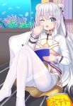  +_+ 1girl ;o air_bubble ass azur_lane bangs bed blue_eyes blush book breasts bubble chips commentary_request crossed_legs double_bun dress eyebrows_visible_through_hair fish fish_tank food glass hair_between_eyes hair_ribbon hand_to_own_mouth hand_up holding holding_book knees_up le_malin_(azur_lane) long_hair long_sleeves looking_at_viewer no_shoes on_bed one_eye_closed pantyhose plant potato_chips revision ribbon sidelocks silver_hair sitting small_breasts solo symbol-shaped_pupils thighband_pantyhose tukino_neru underboob underboob_cutout very_long_hair water white_dress white_legwear yawning 
