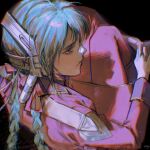  1girl absurdres black_background blue_hair braid braided_twintails char's_counterattack gundam headgear highres jacket long_hair long_sleeves military_uniform purple_eyes quess_paraya simple_background solo su2urann 