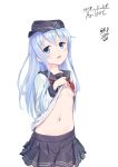  1girl 2018 anchor_hat_ornament artist_name bangs black_headwear black_sailor_collar black_skirt blue_eyes blue_hair blush breasts character_name collared_shirt commentary_request cowboy_shot dated eyebrows_visible_through_hair hair_between_eyes hat hibiki_(kantai_collection) highres kantai_collection lifted_by_self long_hair long_sleeves looking_at_viewer midriff miniskirt navel neckerchief open_mouth pleated_skirt red_neckwear sailor_collar sailor_shirt shiny shiny_hair shirt shirt_lift signature simple_background skirt small_breasts solo standing stomach straight_hair traveler_(artbbt) underboob very_long_hair white_background white_shirt 