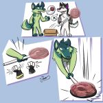  1:1 anonymous_artist anthro box candy canid canine canis cartoon_physics comic crush domestic_dog dregz duo flattened food fur green_body green_fur hi_res husky male male/male mammal nordic_sled_dog paws snubbie spitz squish toony wolf 
