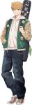  1boy adam's_apple ankle_socks arms_up badge bag bandai_namco beamed_eighth_notes black_bag black_eyes black_mouth blonde_hair blue_pants brown_sleeves button_badge chain character_ornament character_sticker cross-laced_shoes dai_(wadiverse)_(taiko_no_tatsujin) denim drawstring fox_mask full_body gigbag green_jacket guitar_case highres holding holding_bag hood hood_down hoodie humanization instrument_case instrument_case_on_back jacket jeans kabuki_kid_(kitsune)_(taiko_no_tatsujin) komedo_tamago_ta laces letterman_jacket long_sleeves looking_at_viewer male_focus mask multicolored_shoes musical_note neckerchief open_clothes open_jacket pants red_shoes ribbed_socks second-party_source shoes short_hair silver_chain simple_background sleeve_cuffs smirk sneakers socks solo standing sticker tachi-e taiko_no_tatsujin tongue tongue_out transparent_background two-tone_shoes wada_inu white_hood white_hoodie white_shoes white_socks 