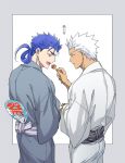  2boys alternate_hairstyle archer blue_hair chest couple cu_chulainn_(fate)_(all) dark_skin dark_skinned_male earrings emya fan fate/grand_order fate/stay_night fate_(series) feeding grey_eyes japanese_clothes jewelry kimono lancer male_focus multiple_boys muscle paper_fan red_eyes short_hair simple_background tied_hair white_hair 