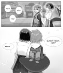  2girls absurdres belle_(zenless_zone_zero) closed_eyes dating ellen_joe ellen_joe_(on_campus) english_text fingerless_gloves fins fish_tail game_screenshot_background gloves highres holding_hands multiple_girls official_alternate_costume screenshot_background smile speech_bubble tail yuri zenless_zone_zero zysora 