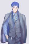  1boy alternate_costume blue_hair chest cu_chulainn_(fate)_(all) cu_chulainn_(fate/grand_order) earrings emya expressionless fate/grand_order fate/stay_night fate_(series) formal hand_in_pocket jacket jacket_on_shoulders jewelry long_sleeves male_focus muscle pectorals red_eyes shirt solo 