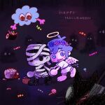  2boys alternate_costume angel angel_wings antenna_hair barefoot basil_(headspace)_(omori) basil_(omori) basket black_eyes black_hair black_socks black_tank_top bluecloud_(omori) cake cat chibi chibi_only closed_mouth colored_skin double-parted_bangs expressionless fake_halo fake_wings food green_eyes green_hair hair_between_eyes halo happy_halloween head_wreath holding holding_basket holding_hands knife looking_at_viewer male_focus mewo multiple_boys mummy_costume omori open_mouth short_hair shorts sidelocks socks striped_clothes striped_shorts sun_iiinu sunny_(omori) tank_top vertical-striped_clothes vertical-striped_shorts white_shorts white_skin wings 